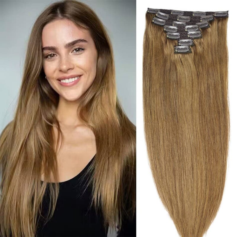FAAAL 18" Clip in Human Hair Extensions Full Head 150g 7 Pieces 16 Clips 8# Light Brown Double Weft Brazilian Real Remy Hair Extensions Thick Straight Silky (18" 150g, Light Brown) - Image 1